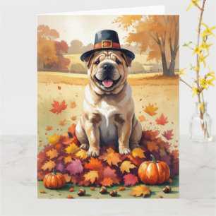 Shar Pei In Autumn Leaves Thanksgiving Art Card