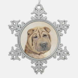 Shar Pei Painting - Cute Original Dog Art Snowflake Pewter Christmas Ornament