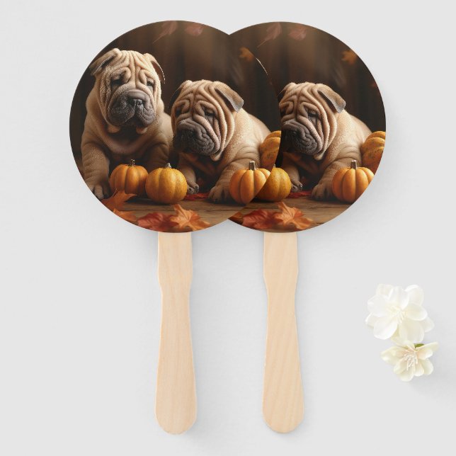 Shar Pei Puppy Autumn Delight Pumpkin Hand Fan (Front and Back)