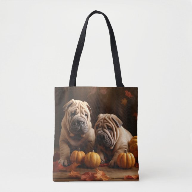 Shar Pei Puppy Autumn Delight Pumpkin Tote Bag (Front)