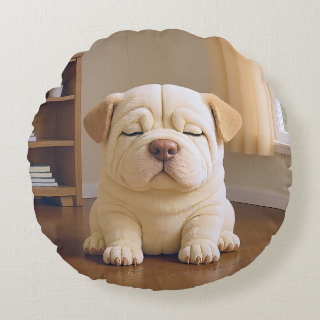 Shar Pei Puppy - Soft Serenity by WangWang Round Cushion (Front)