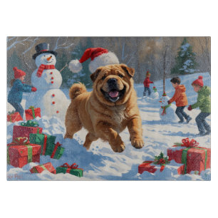 Shar Pei Running in Snow with Christmas Hat Cutting Board