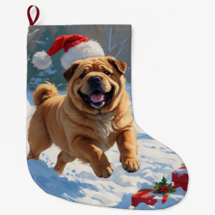 Shar Pei Running in Snow with Christmas Hat Large Christmas Stocking