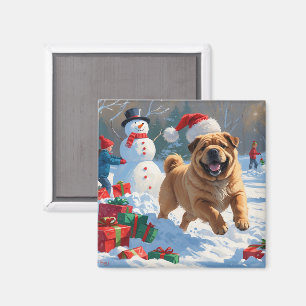 Shar Pei Running in Snow with Christmas Hat Magnet