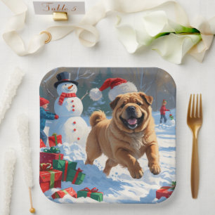 Shar Pei Running in Snow with Christmas Hat Paper Plate