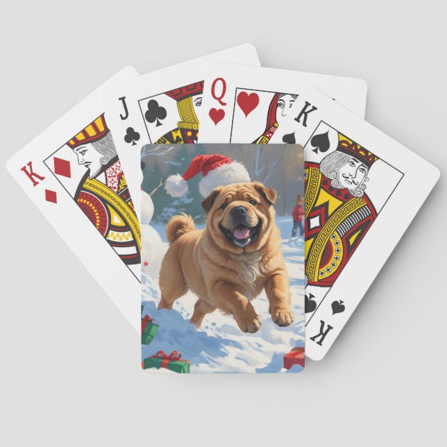 Shar Pei Running in Snow with Christmas Hat Playing Cards (Back)