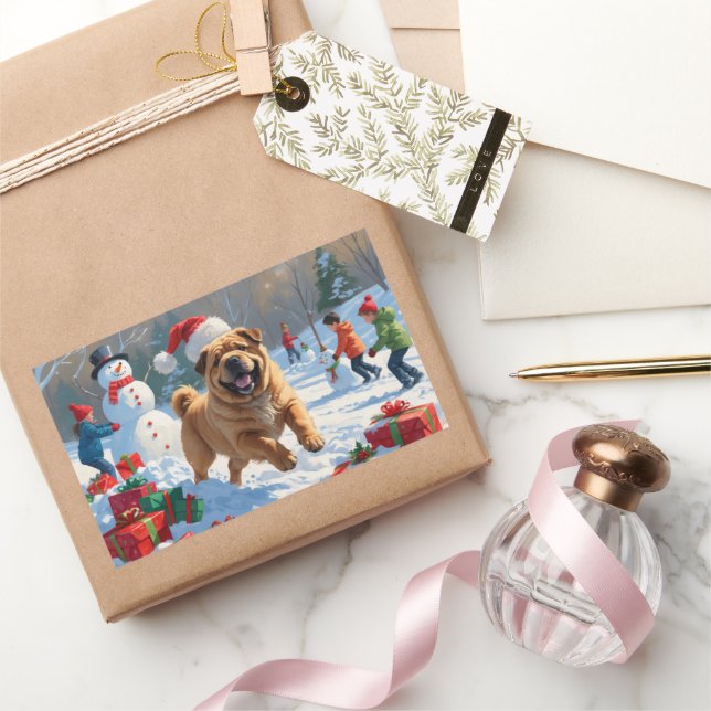 Shar Pei Running in Snow with Christmas Hat Rectangular Sticker (Gifting)
