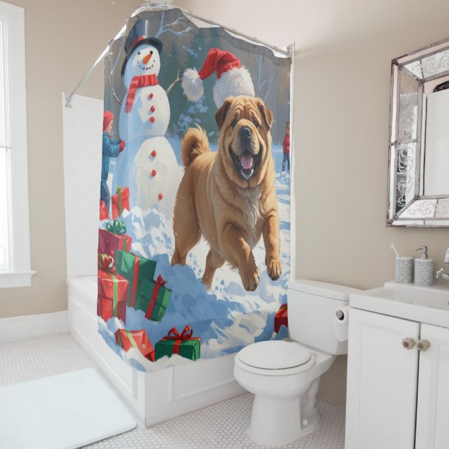 Shar Pei Running in Snow with Christmas Hat Shower Curtain (In Situ)