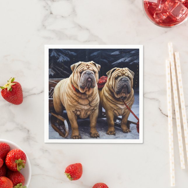Shar Pei Snowy Sleigh Christmas Decor Napkin (Insitu)