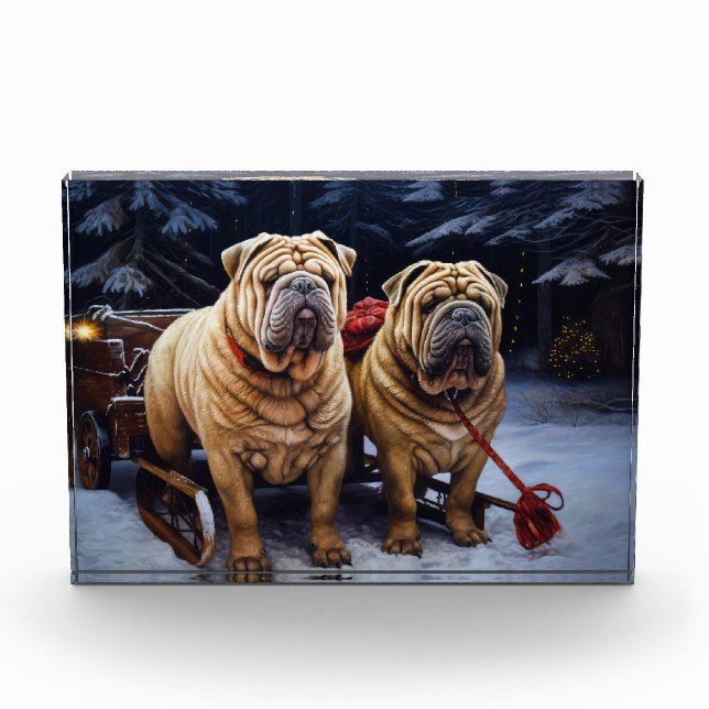 Shar Pei Snowy Sleigh Christmas Decor Photo Block (Front)