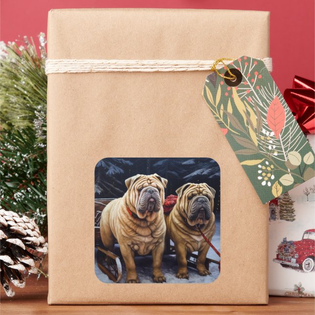 Shar Pei Snowy Sleigh Christmas Decor Square Sticker (Holiday)