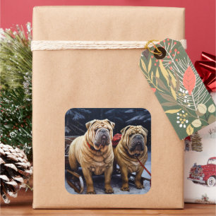 Shar Pei Snowy Sleigh Christmas Decor Square Sticker