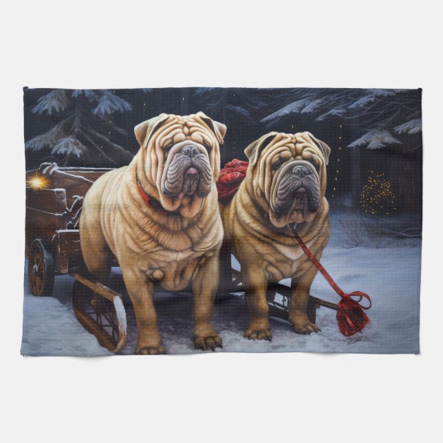 Shar Pei Snowy Sleigh Christmas Decor Tea Towel (Horizontal)