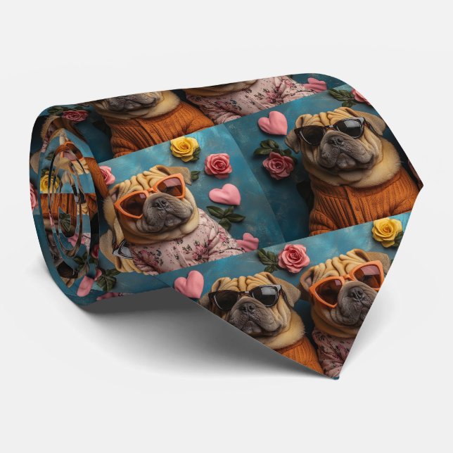 Shar Pei with Heart Roses Valentine's Day Tie (Rolled)