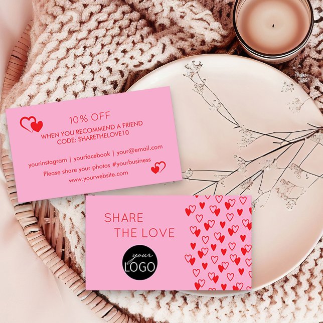 Share Love Hearts Pink and Red Referal Logo Business Card (Share the Love Hearts Pink and Red Referral Card with your business logo by Busy Business Bee)