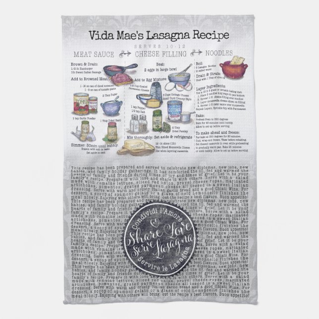 Share Love Serve Lasagna Lasagna Recipe Tea Towel (Vertical)