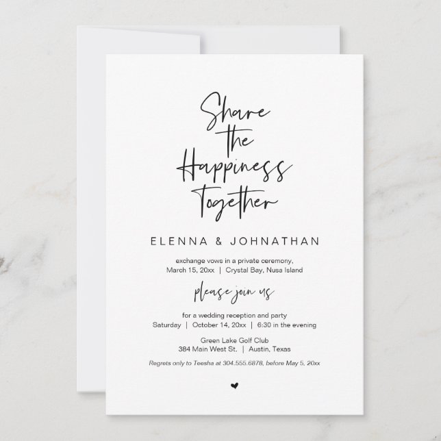 Share the happiness, Black, Wedding Elopement Invitation (Front)