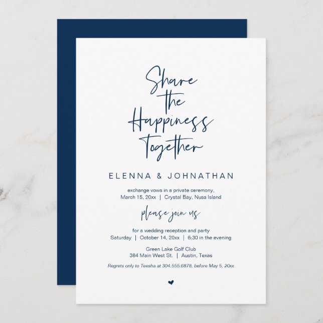 Share the happiness, Navy Blue, Elopement Party Invitation (Front/Back)
