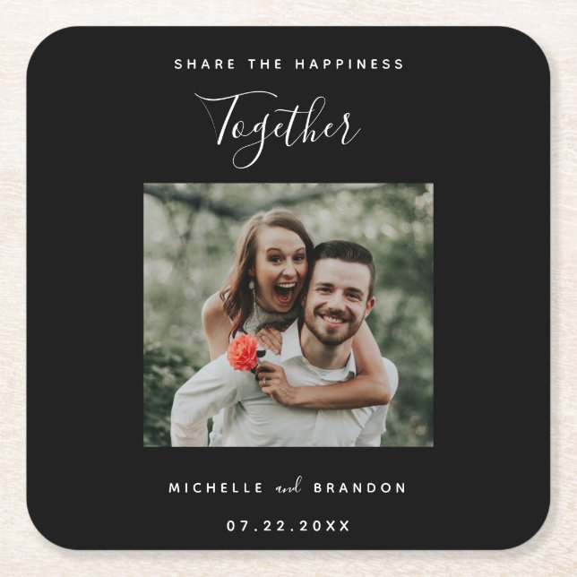 Share the Happiness Together Modern Photo Simple  Square Paper Coaster (Front)