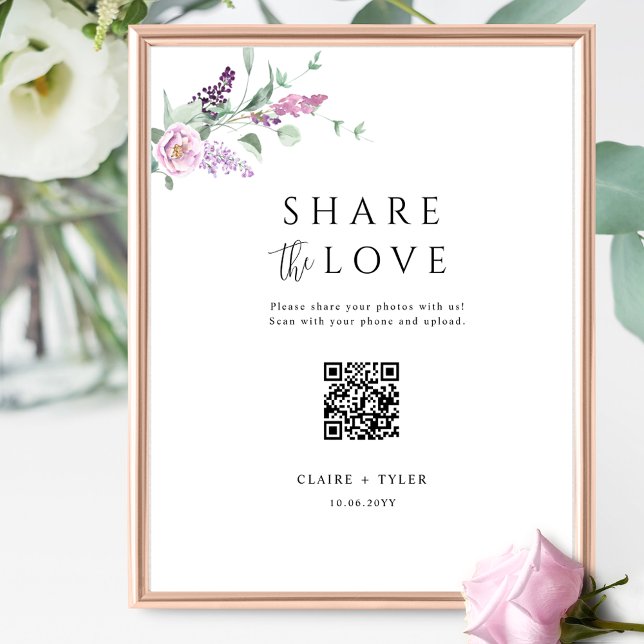 Share the Love Elegant Purple Wedding QR Code Sign (Creator Uploaded)
