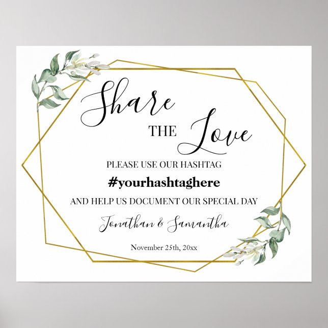 Share the Love Hashtag Wedding Greenery Gold Sign (Front)