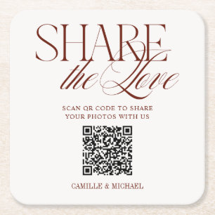 Share the Love QR Code Deep Terracotta Red Wedding Square Paper Coaster