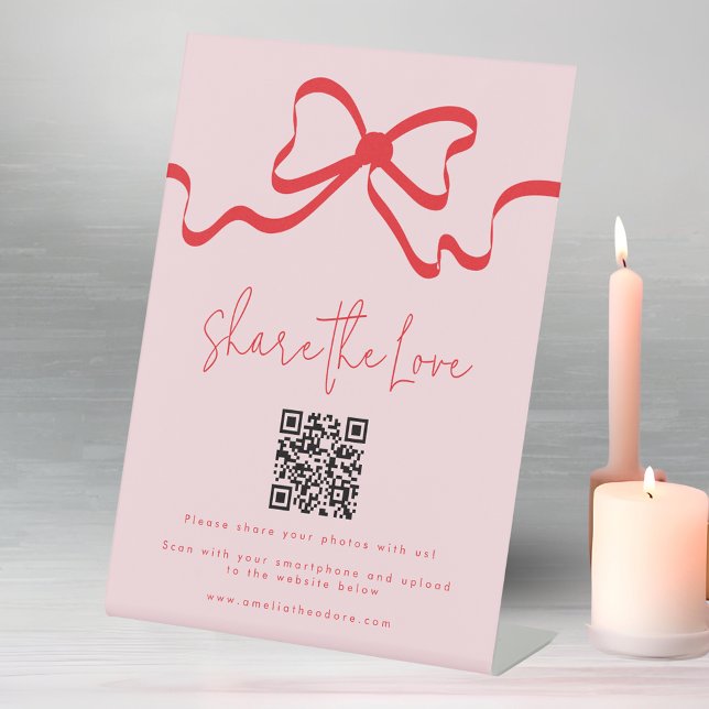 Share the Love Red Bow Wedding Photo Share QR Code Pedestal Sign (Creator Uploaded)