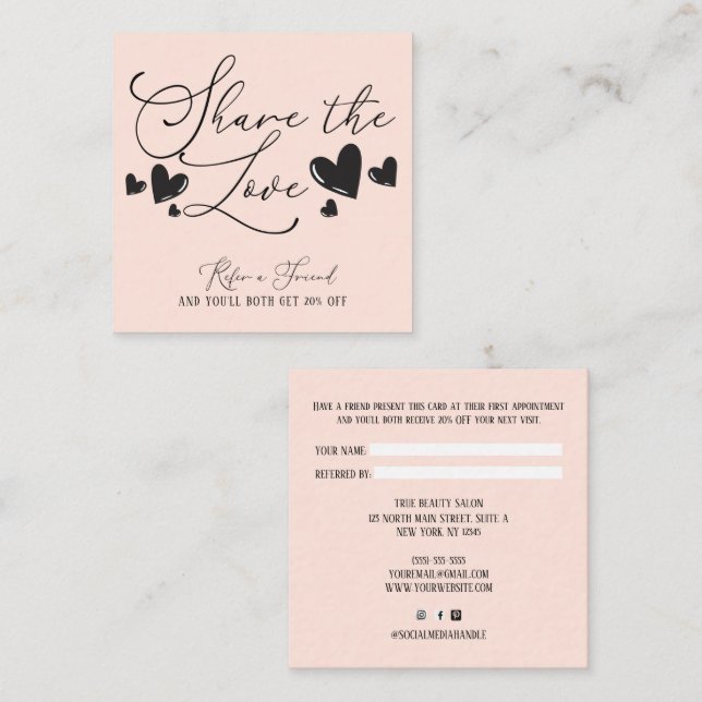 Share the Love Simple Minimal Hearts Script Referral Card (Front/Back)