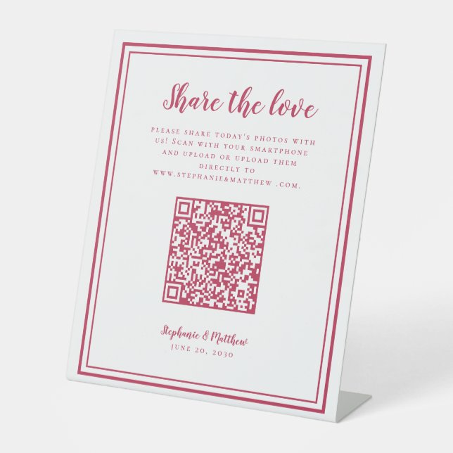 Share The Love Wedding Photo QR Scan Code Magenta Pedestal Sign (Front)