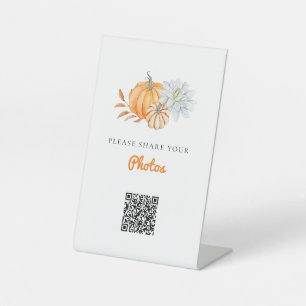 Share Your Photos Pumpkin Baby Shower QR Code Pedestal Sign