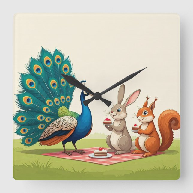 "Sharing Cake and Laughter: A Picnic with Friends" Square Wall Clock (Front)