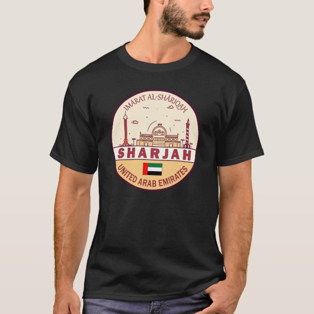 Sharjah United Arab Emirates City Skyline Emblem T-Shirt (Front)