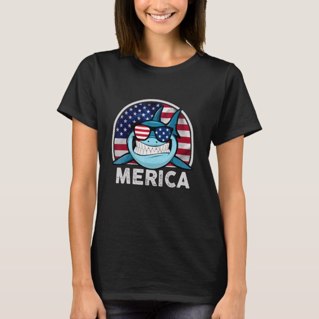 Shark 4th Of July 4th American Flag Independence D T-Shirt (Front)