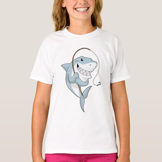 Shark as Fisher with Fishing rod T-Shirt (Front)