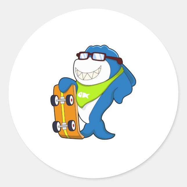 Shark as Skater with Skateboard Classic Round Sticker (Front)