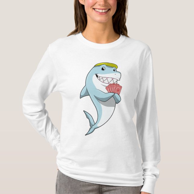Shark at Poker with Poker cards T-Shirt (Front)