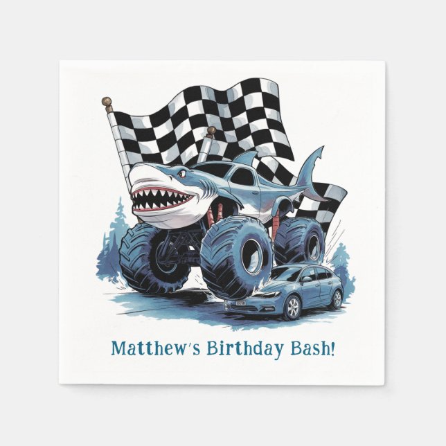 Shark Attack Monster Truck Birthday Bash Napkin (Front)