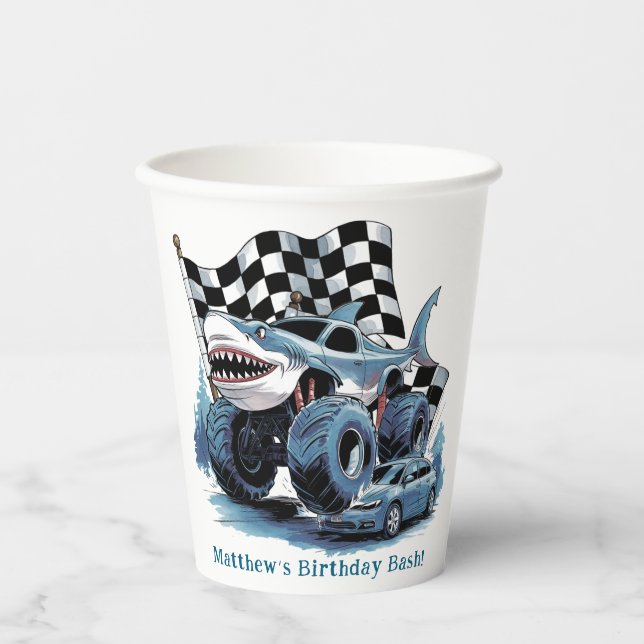 Shark Attack Monster Truck Birthday Bash Paper Cups (Front)