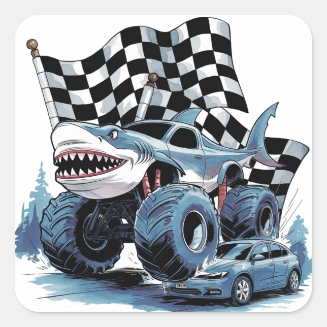 Shark Attack Monster Truck Birthday Bash Square Sticker (Front)