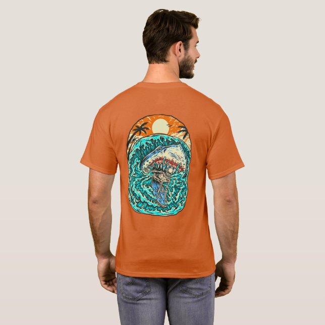 Shark Attacks Surfing Skeleton Dude Beach  T-Shirt (Back Full)