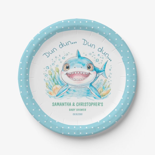 Shark Baby Shower Ocean Sea Blue Boy Baby Shower Paper Plate (Front)