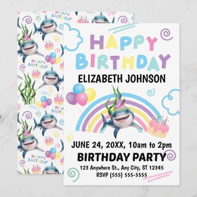 Shark Birthday Invitation in White (Front/Back)