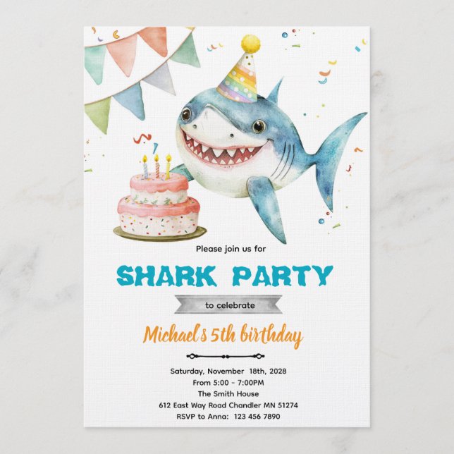 Shark birthday party invitation (Front)
