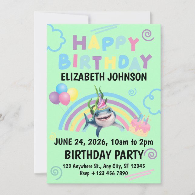 Shark Birthday Party Invitation in Green (Front)