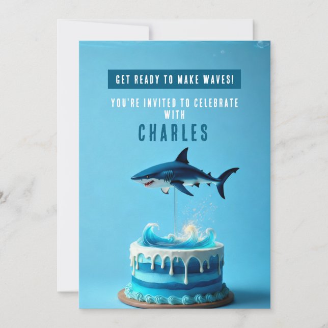 Shark Birthday Party Invitation - Ocean Waves Cake (Front)