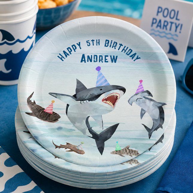 Shark Birthday Pool Party Paper Plates (Creator Uploaded)