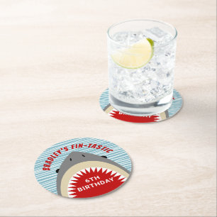 Shark Bite Any Age Birthday Party Round Paper Coaster