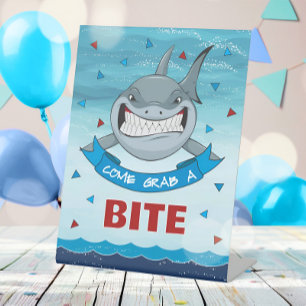 Shark Bites Birthday Modern Party Food  Pedestal Sign