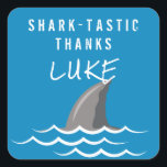 Shark Blue Cool Kids Birthday Party Favour Square Sticker<br><div class="desc">This fun kids birthday party sticker features a shark fin illustration with a bold blue background and casual,  distressed fonts. It's a great choice for a boys birthday party. See the collection for coordinating items!</div>