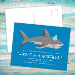 Shark Blue Cool Kids Birthday Party Invitation Postcard<br><div class="desc">This fun kids birthday party invitation features a shark illustration with a bold blue background and casual,  distressed fonts. It's a great choice for a boys birthday party. See the collection below for more coordinating items!</div>